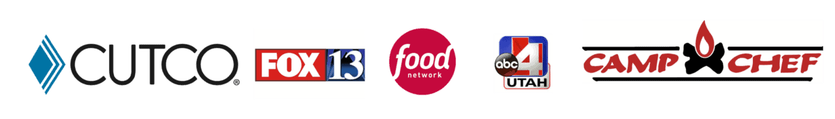 Decorative image of brand logos that Chef Caytlin has been featured on including Cutco, Fox13 Utah, Food Network, ABC4Utah, and Camp Chef.